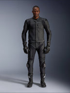Alpinestars Dusk Airflow Leather Jacket, Black, worn with matching motorcycle pants, gloves, and boots, featuring perforated leather for maximum airflow, ergonomic multi-panel design, and internal armor, professional road and sport riding gear