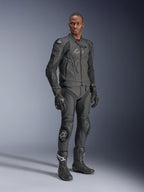 Alpinestars Dusk Airflow Leather Jacket, Black Black, worn by a rider in full technical gear including matching leather pants, gloves, and boots, featuring perforated leather panels for ventilation and integrated armor for sport motorcycle riding