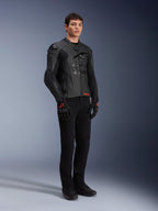 Alpinestars GP Plus R V4 Airflow Leather Jacket, Black, worn by a male model with black riding pants and gloves with red accents, featuring perforated leather panels and integrated shoulder sliders, full-body studio shot.