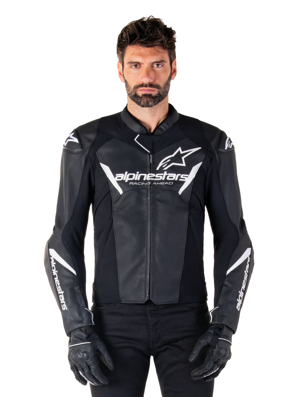 Alpinestars Faster V3 Leather Jacket, Black and White Motorcycle Racing Jacket, featuring bold white logos and 'Racing Ahead' chest text, sleek leather design with angular accents on sleeves, worn with black racing gloves