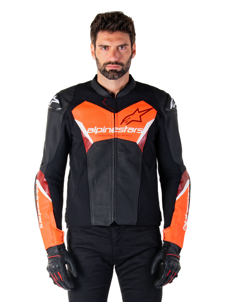 Alpinestars Faster V3 Airflow Leather Jacket, Motorcycle Racing Jacket, Black and Red Fluo, perforated leather construction with white and red accents, worn with black gloves, performance street riding gear