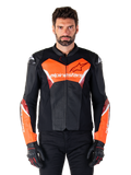 Alpinestars Faster V3 Airflow Leather Jacket, Motorcycle Racing Jacket, Black and Red Fluo, perforated leather construction with white and red accents, worn with black gloves, performance street riding gear