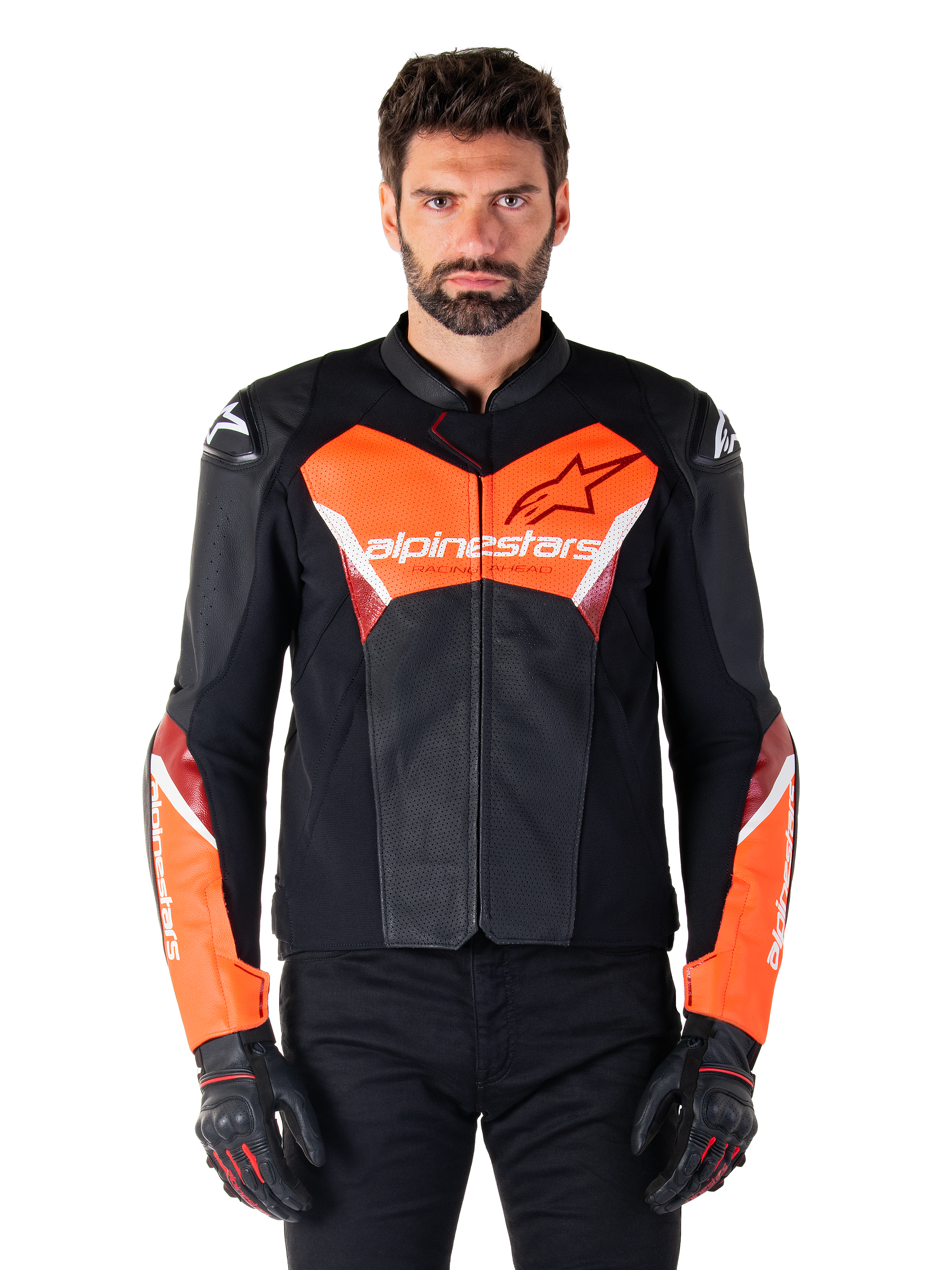 Alpinestars Faster V3 Airflow Leather Jacket, Motorcycle Racing Jacket, Black and Red Fluo, perforated leather construction with white and red accents, worn with black gloves, performance street riding gear