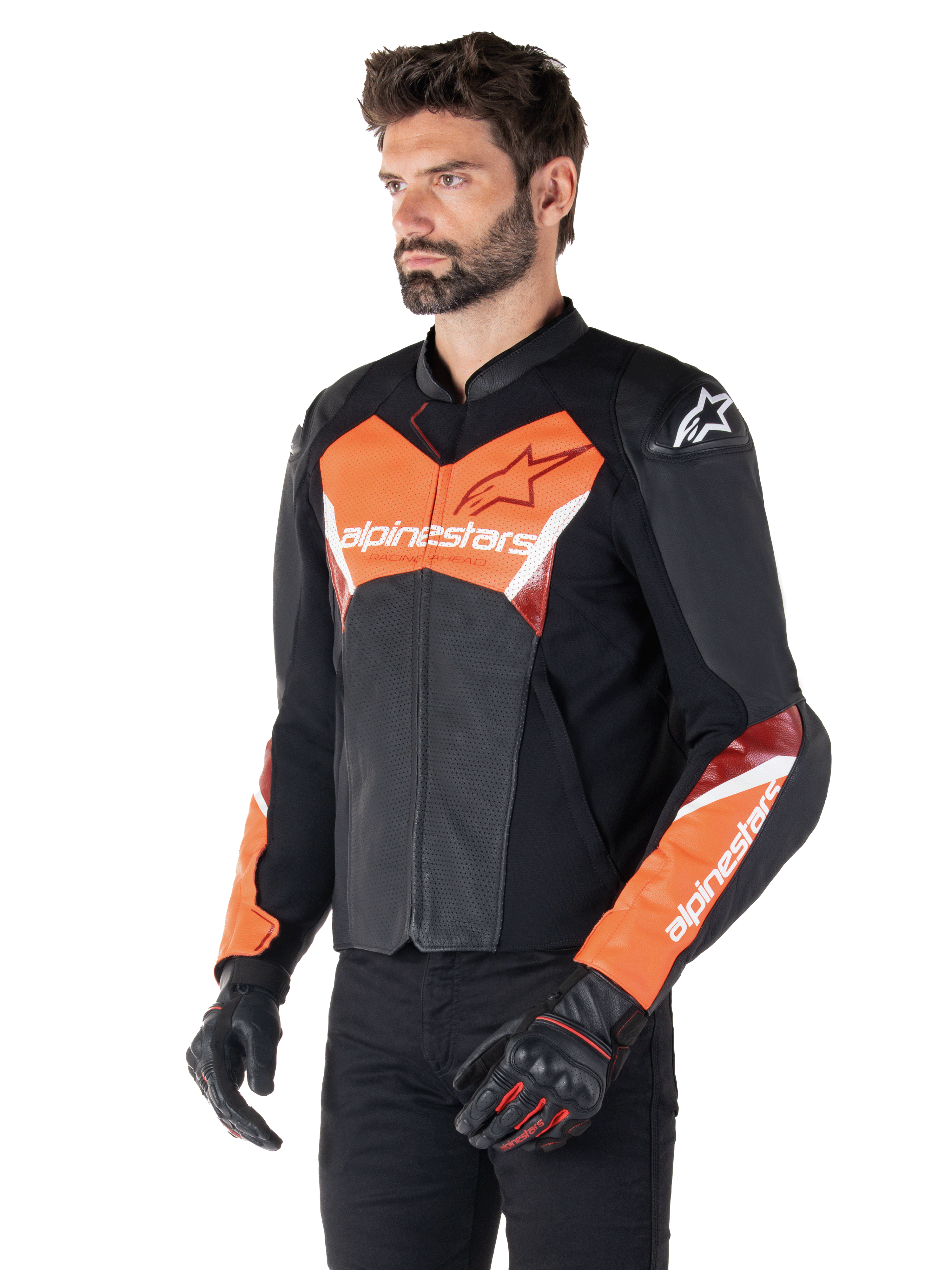 Alpinestars Faster V3 Airflow Leather Jacket, Sport Motorcycle Jacket, Black and Red Fluo, featuring perforated leather for ventilation, HRSF stretch panels, and DFS GP Lite shoulder protectors, sleek race-derived silhouette