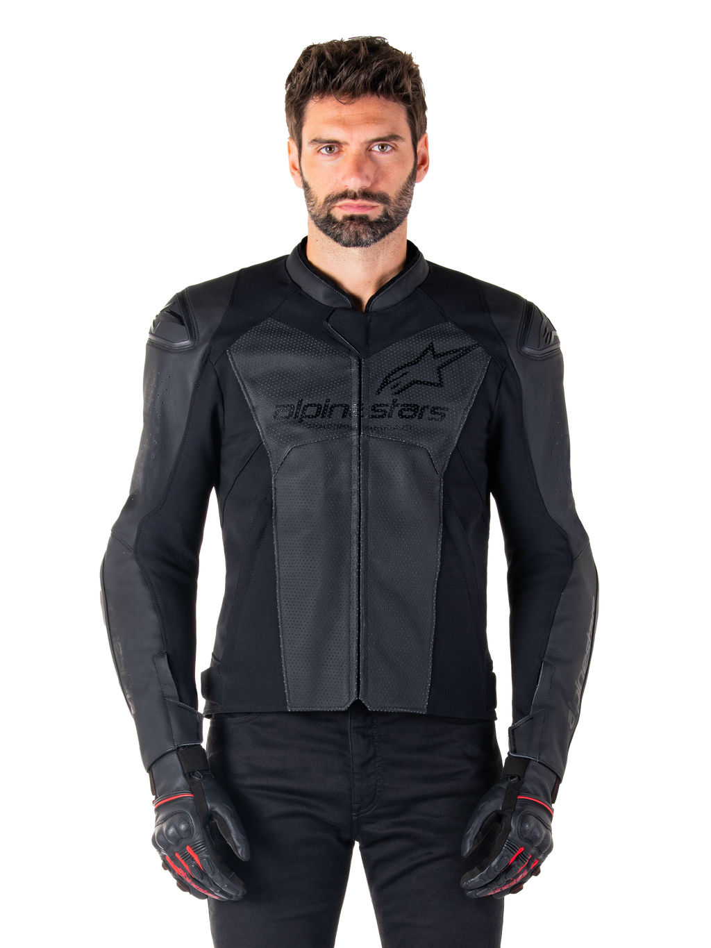 Man wearing Alpinestars Faster V3 Airflow Leather Jacket, Black motorcycle racing jacket with perforated leather panels, featuring Alpinestars logo on the chest, paired with black riding gloves, front-facing studio shot.