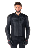 Man wearing Alpinestars Faster V3 Airflow Leather Jacket, Black motorcycle racing jacket with perforated leather panels, featuring Alpinestars logo on the chest, paired with black riding gloves, front-facing studio shot.