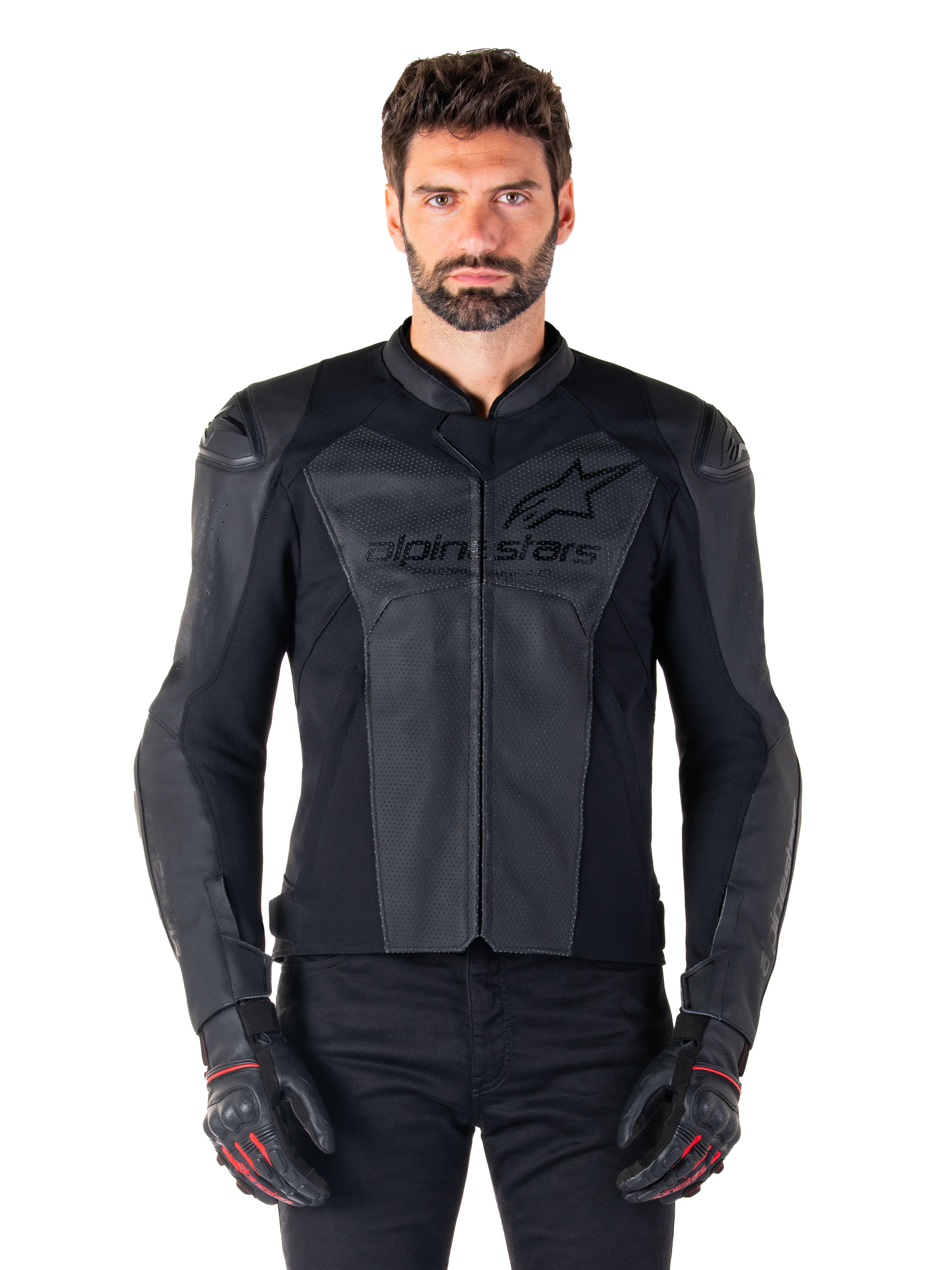 Man wearing Alpinestars Faster V3 Airflow Leather Jacket, Black motorcycle racing jacket with perforated leather panels, featuring Alpinestars logo on the chest, paired with black riding gloves, front-facing studio shot.