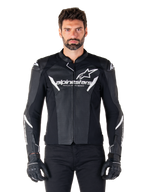 Alpinestars Faster V3 Airflow Leather Jacket, Black motorcycle riding jacket with white accents, perforated leather panels for ventilation, Alpinestars logo on chest, worn with black gloves, sport-derived leather construction