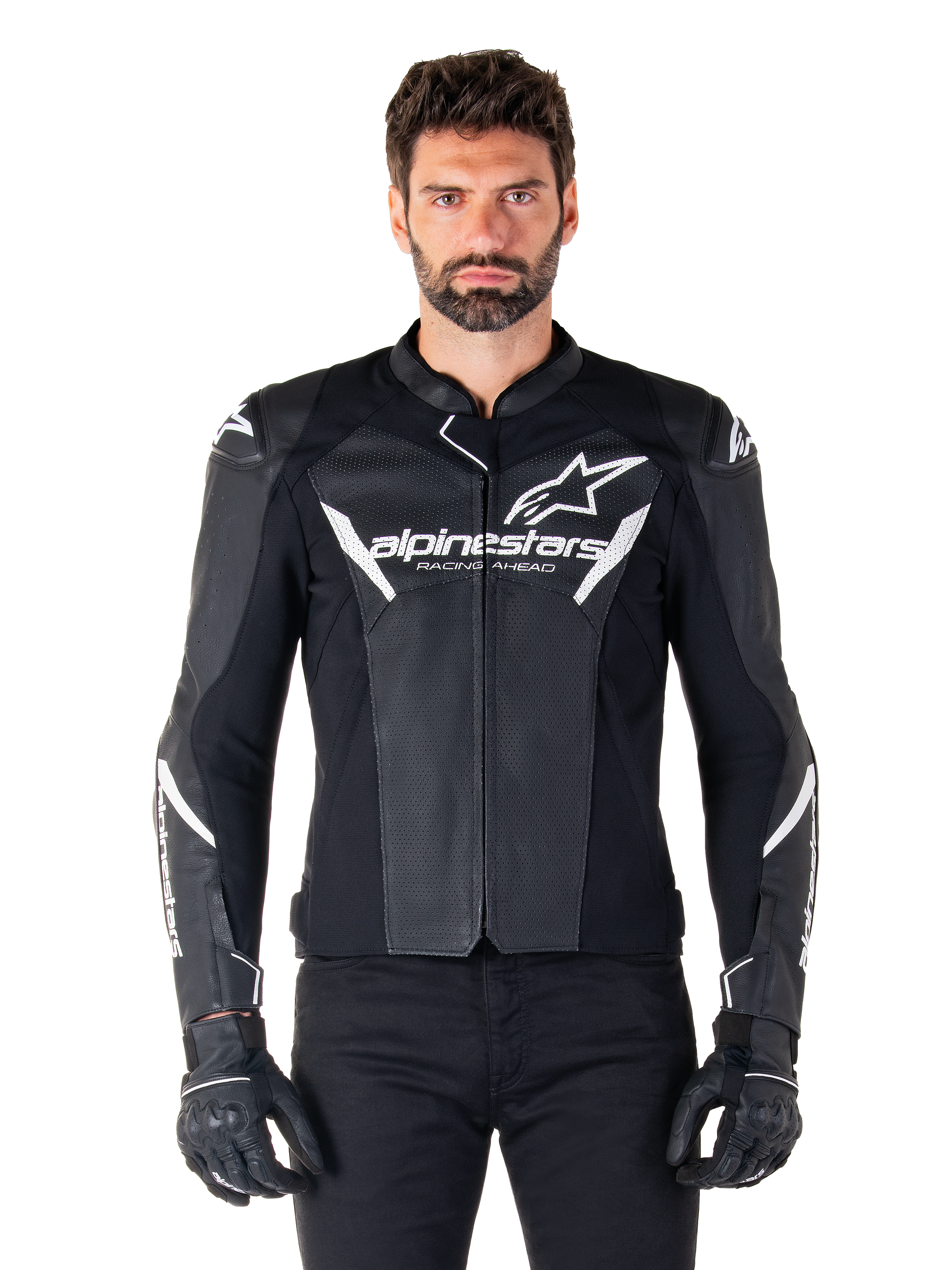 Alpinestars Faster V3 Airflow Leather Jacket, Black motorcycle riding jacket with white accents, perforated leather panels for ventilation, Alpinestars logo on chest, worn with black gloves, sport-derived leather construction