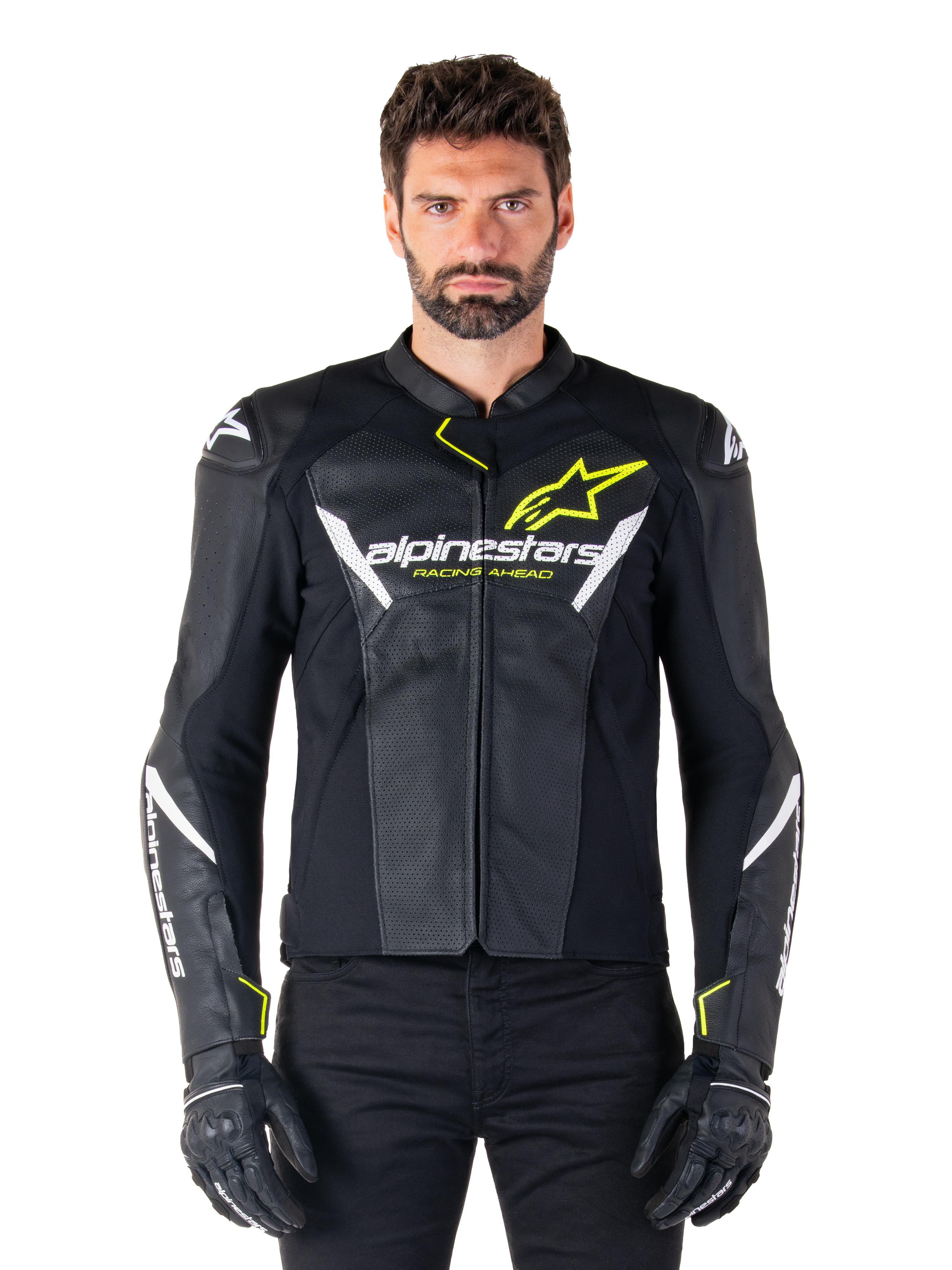 Alpinestars Faster V3 Airflow Leather Jacket, Black White and Yellow Fluo, worn by a male model with matching black gloves, featuring perforated leather panels for ventilation and bold Alpinestars branding on the chest, sport motorcycle riding gear