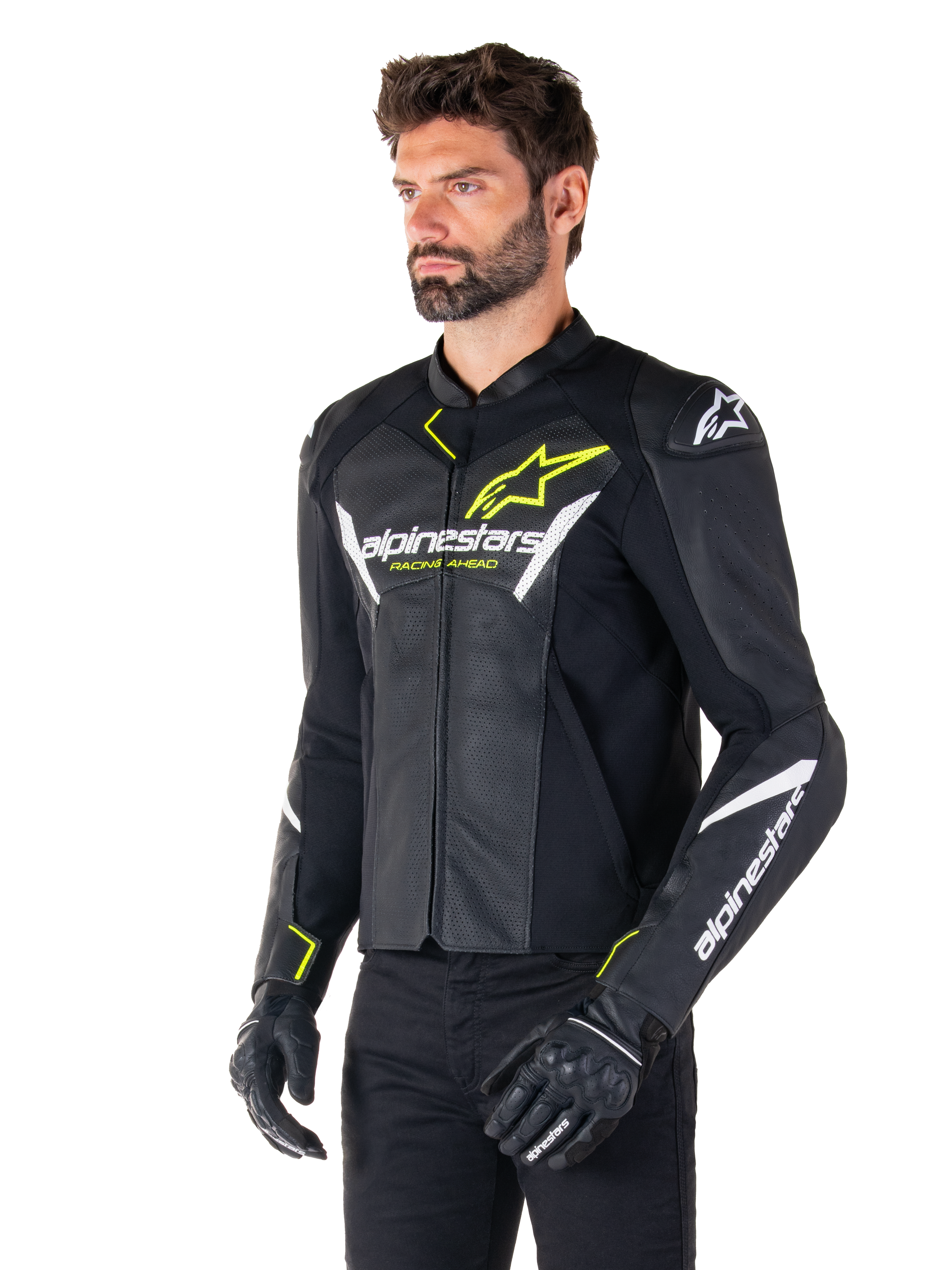 Alpinestars Faster V3 Airflow Leather Jacket, Sport Motorcycle Jacket, Black White and Yellow Fluo, worn by a man, featuring perforated leather for airflow, Alpinestars logos on chest and arms, paired with black gloves.