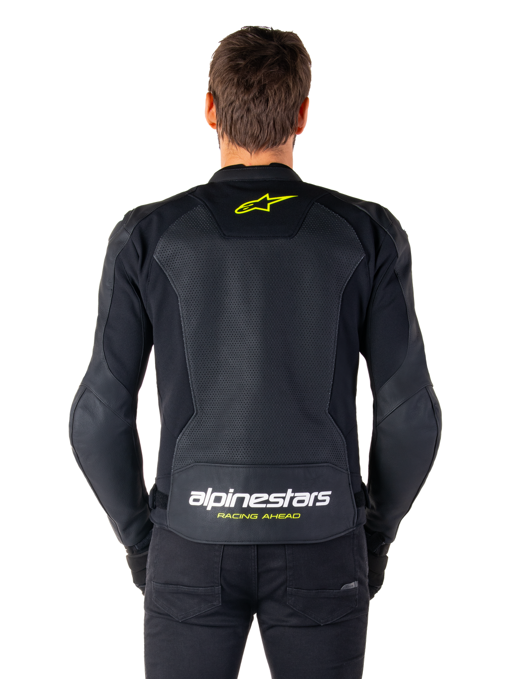 Alpinestars Faster V3 Airflow Leather Jacket, Sport Motorcycle Jacket, Black with Yellow Fluo accents, back view showing large perforated leather panels, yellow star logo on the upper back, and bold branding on the lower back.
