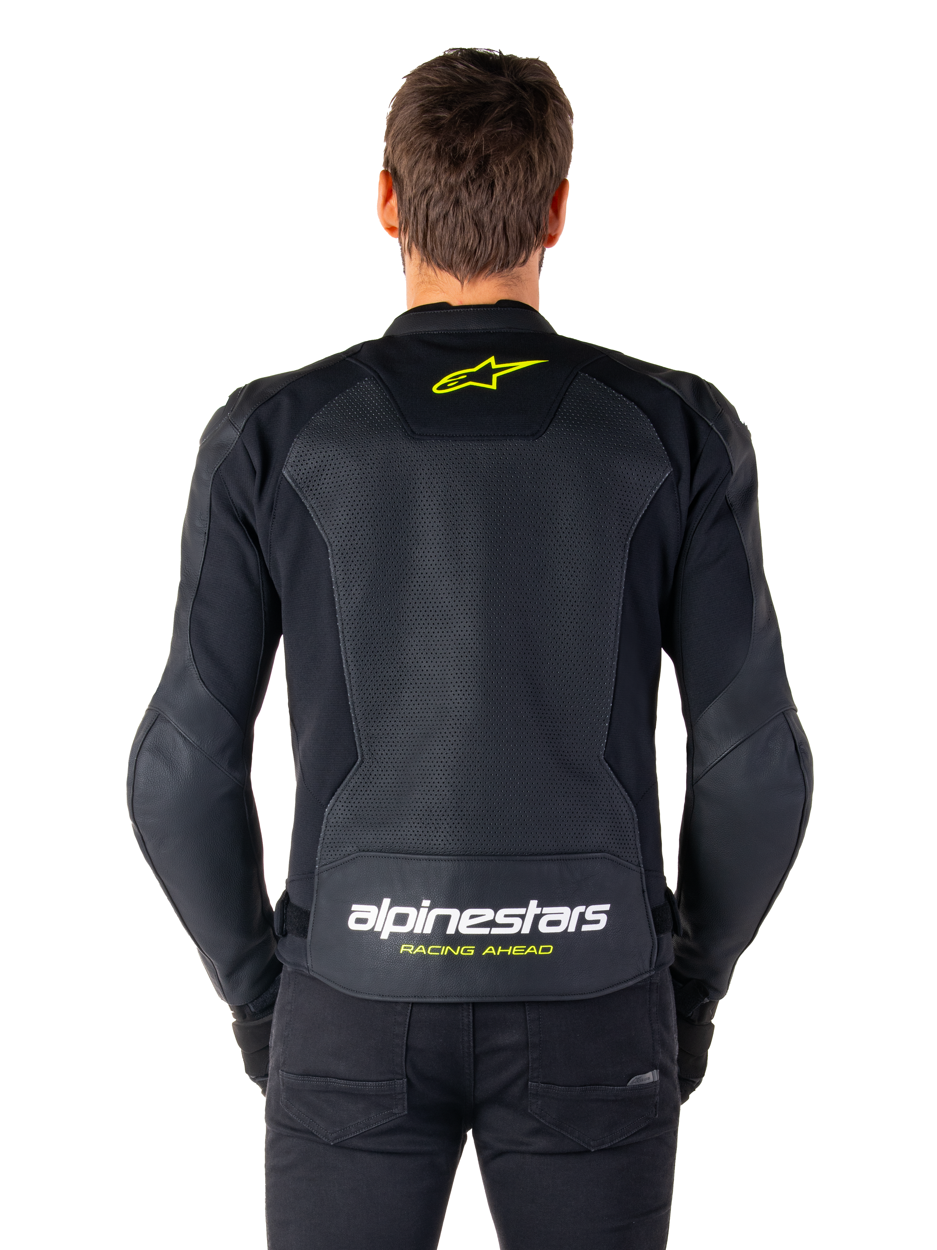 Alpinestars Faster V3 Airflow Leather Jacket, Sport Motorcycle Jacket, Black with Yellow Fluo accents, back view showing large perforated leather panels, yellow star logo on the upper back, and bold branding on the lower back.