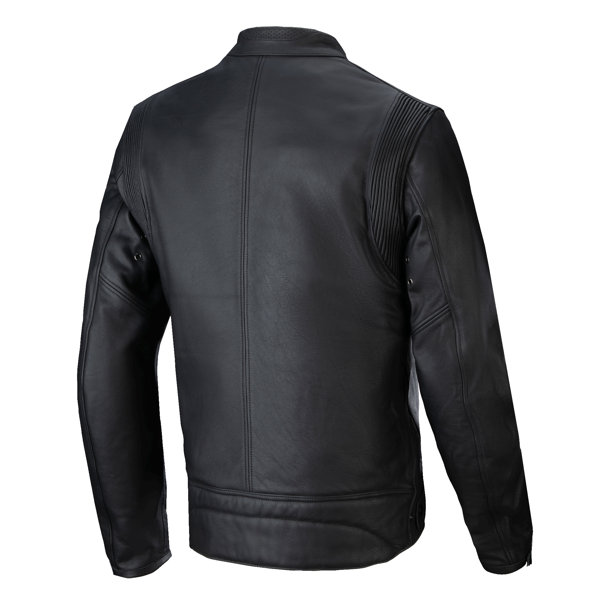 Alpinestars Dyno Leather Jacket, Black, Back View, heritage-inspired motorcycle jacket crafted from premium bovine leather, featuring accordion stretch panels at the shoulders and a clean vertical center seam.