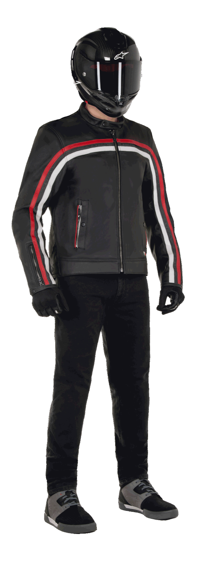Alpinestars Dyno Leather Jacket, Motorcycle Jacket, Black with Ruby Red and Ecru stripes, worn with a black carbon-fiber helmet and black pants, featuring a heritage-inspired design with premium leather and a regular fit
