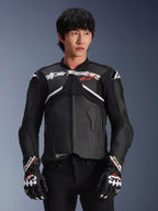 Alpinestars Atem V5 Leather Jacket, Motorcycle Racing Jacket, Black with White and Red Accents, premium leather construction with armored protection, worn with matching racing gloves