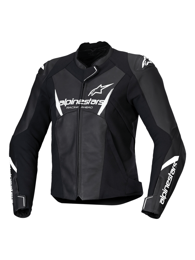 Alpinestars Stella Faster V3 Leather Jacket, Women's Motorcycle Racing Jacket, Black and White, featuring white Alpinestars branding on the chest and sleeves, premium leather construction with reinforced shoulders, aerodynamic sport design