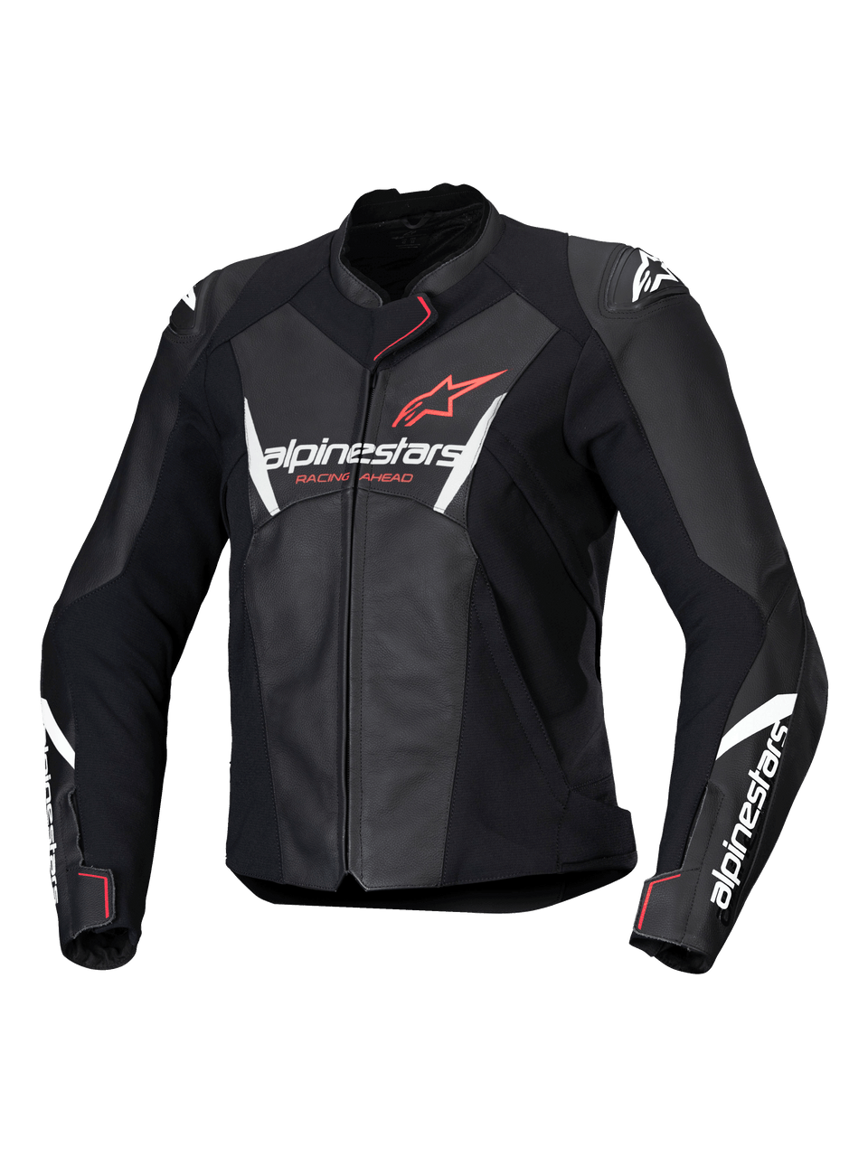 Alpinestars Stella Faster V3 Leather Jacket, Women's Motorcycle Racing Jacket, Black with White and Fluo Coral accents, premium leather construction, featuring Alpinestars branding on the chest and sleeves, sporty racing fit with integrated shoulder protection and front zipper closure.