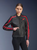 Alpinestars Stella Dyno Leather Jacket, Women's Motorcycle Jacket, Black Haute Red, worn by a model with black jeans, featuring red racing stripes on shoulders and sleeves with bold branding, premium leather construction, heritage-inspired design for urban riding