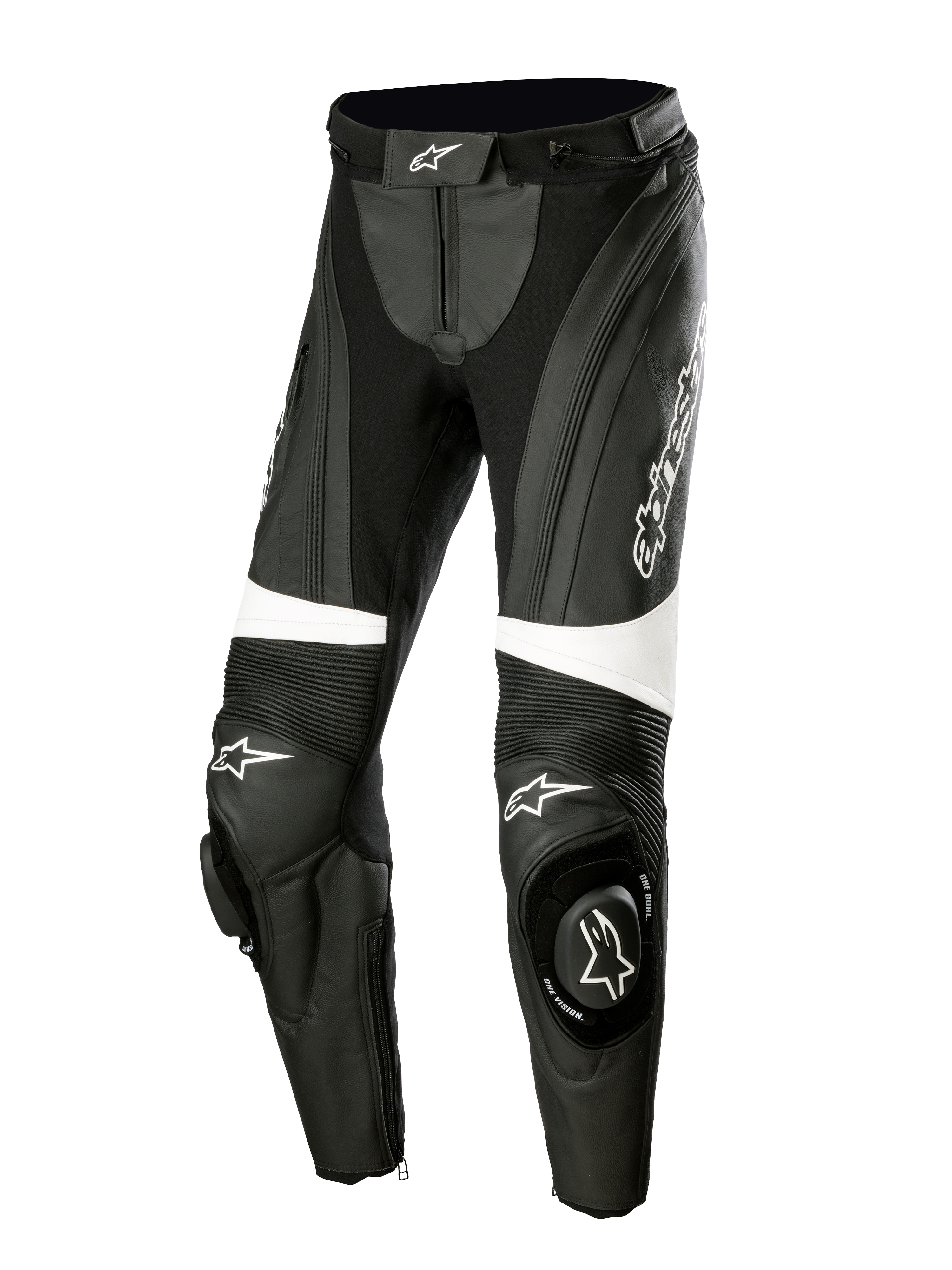 Alpinestars Stella Missile V3 Leather Pants, Women's Motorcycle Racing Pants, Black and White, featuring accordion stretch panels above the knees, integrated knee sliders with Alpinestars logo, white accent bands, and a streamlined fit for sport and track riding.