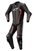 Alpinestars Missile V2 1-Piece Leather Suit, Motorcycle Racing Suit, Black and Red, premium leather construction with CE-certified armor, aerodynamic design with knee sliders, reinforced shoulders, elbows and knees, white Alpinestars branding