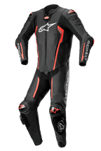 Alpinestars Missile V2 1-Piece Leather Suit, Motorcycle Racing Suit, Black and Red, premium leather construction with CE-certified armor, aerodynamic design with knee sliders, reinforced shoulders, elbows and knees, white Alpinestars branding