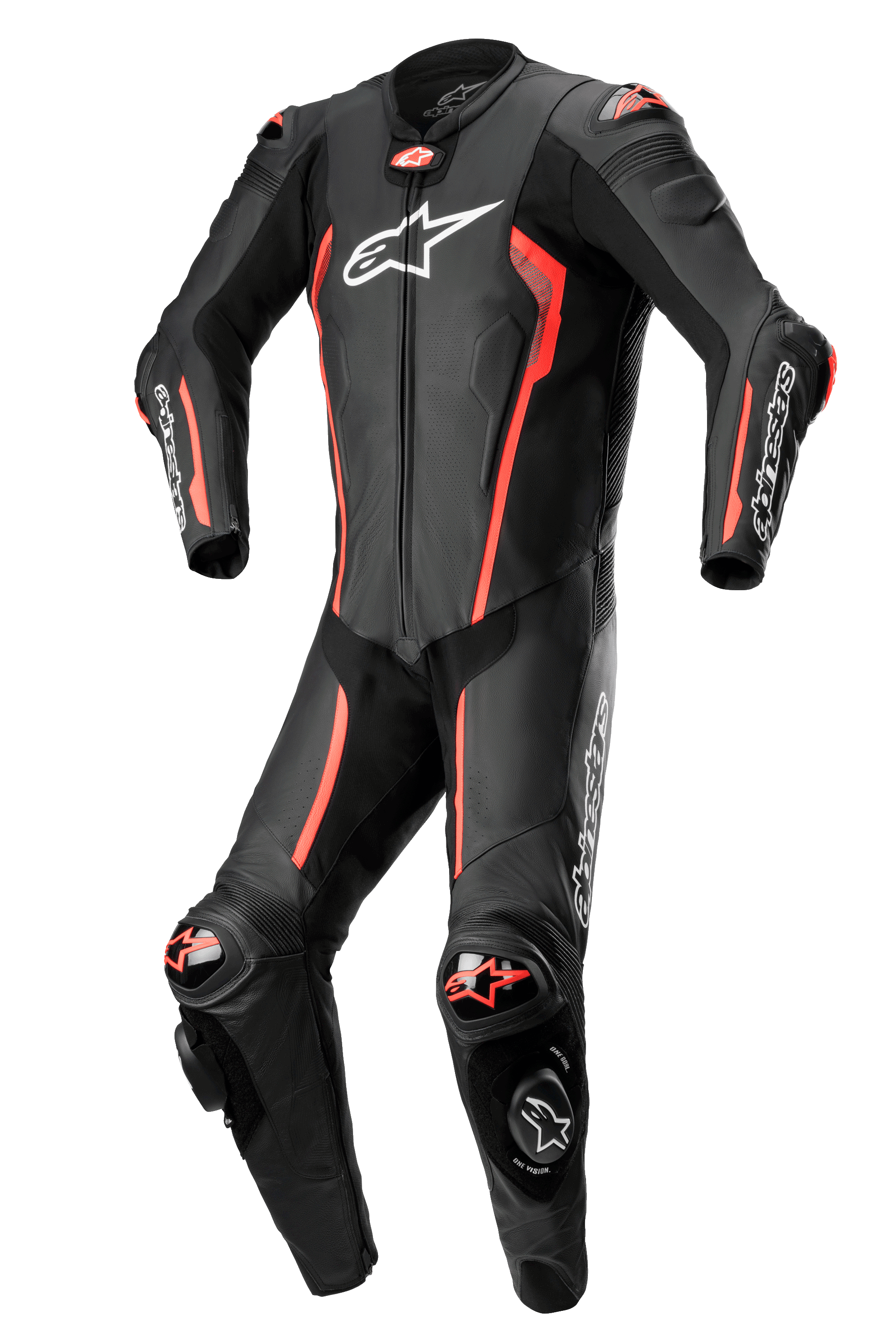 Alpinestars Missile V2 1-Piece Leather Suit, Motorcycle Racing Suit, Black and Red, premium leather construction with CE-certified armor, aerodynamic design with knee sliders, reinforced shoulders, elbows and knees, white Alpinestars branding