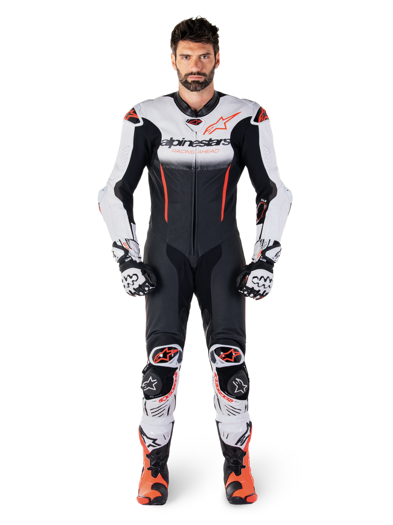 Alpinestars GP-R7 1-Piece Leather Suit in White, Black and Red Fluo, premium leather motorcycle racing gear for men.