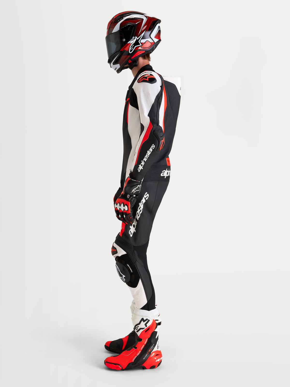 Alpinestars Missile V3 Leather Suit 1 Pc, Motorcycle Racing Suit, Black, White, and Red Fluo, men's one-piece leather race suit with integrated aerodynamics and protective armor