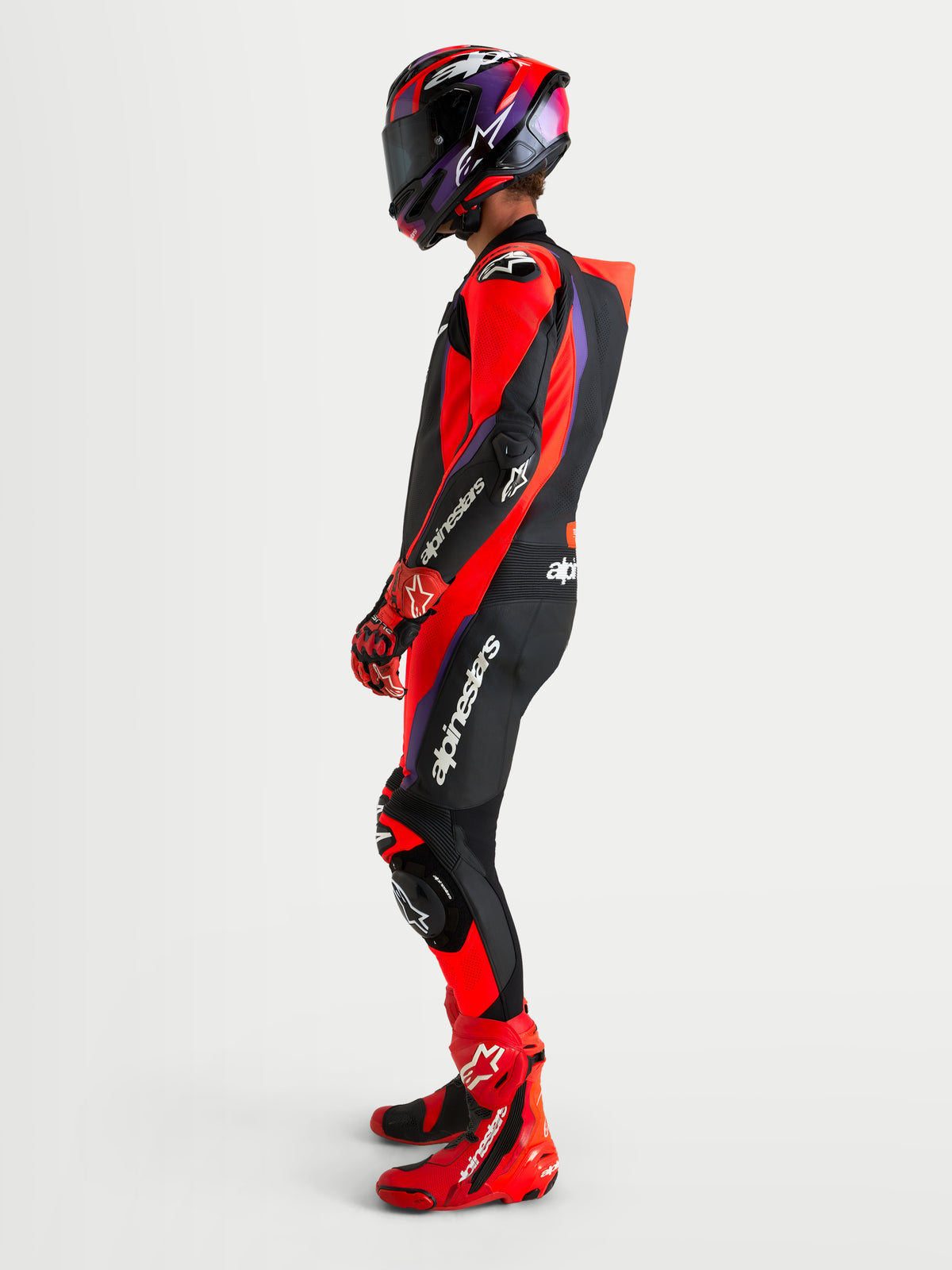 Alpinestars Missile V3 Leather Suit 1 Pc, Motorcycle Racing Suit, Men's Black, Red, and Purple, featuring DFS ST armor, aerodynamic speed hump, and premium leather construction