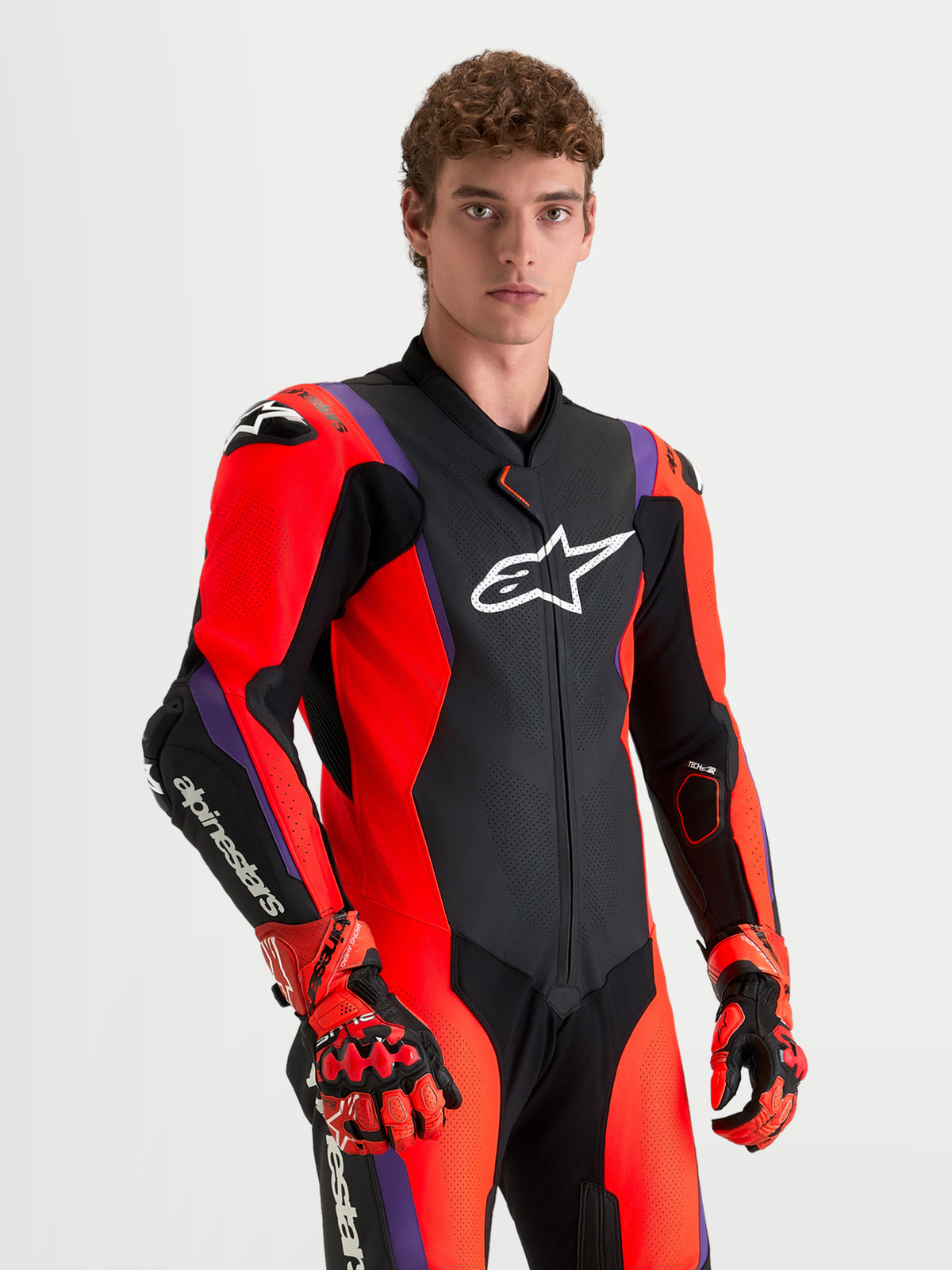 Alpinestars Missile V3 Leather Suit - 1 Piece, men's motorcycle racing suit, Black Red and Purple, AAA-rated race-grade leather with DFS armor, worn by a model