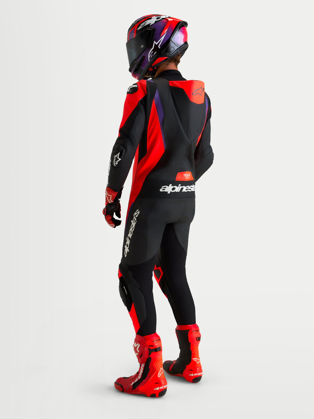 Alpinestars Missile V3 Leather Suit 1 Piece, men's racing leather suit, Black Red Fluo Purple, AAA-rated trackday motorcycle suit with aerodynamic speed hump and Level 2 protection