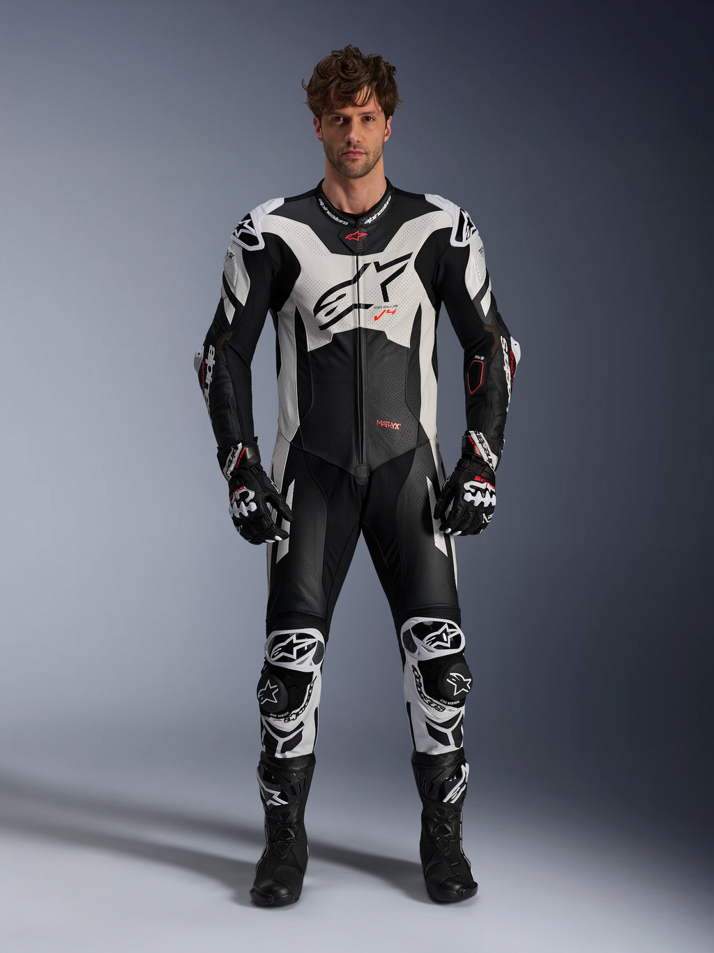 GP Plus V4 Sprint 1-Piece Leather Suit, Black/White/Red Fluo, 54