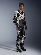 Alpinestars GP Plus V4 Sprint 1 Piece Leather Suit, Black, White, and Red Fluo, Tech-Air Ready men's motorcycle racing gear.