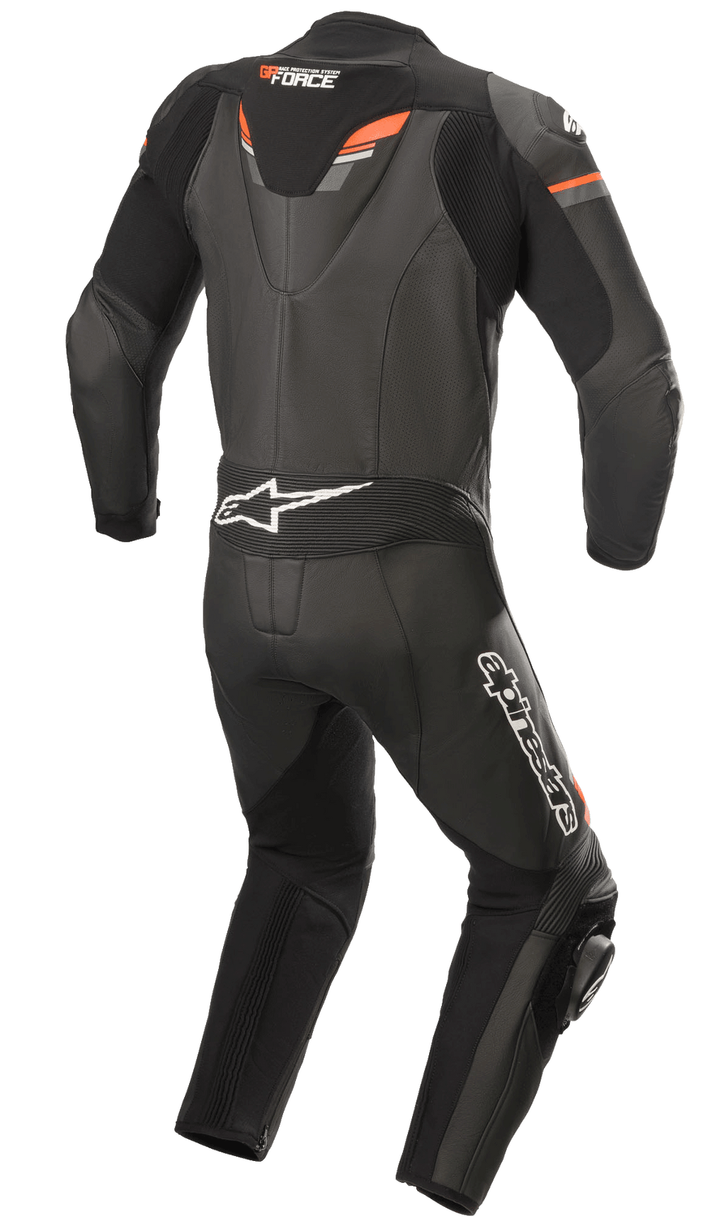 Alpinestars GP Force Chaser One-Piece Leather Suit, men's racing gear in black and red fluo with aerodynamic hump.