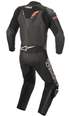 Alpinestars GP Force Chaser One-Piece Leather Suit, men's racing gear in black and red fluo with aerodynamic hump.