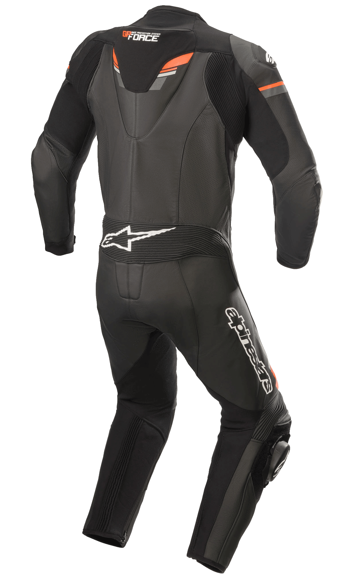 Alpinestars GP Force Chaser One-Piece Leather Suit, men's racing gear in black and red fluo with aerodynamic hump.