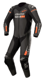 Alpinestars GP Force Chaser 1-Piece Leather Suit, black and fluorescent red, professional motorcycle racing suit.