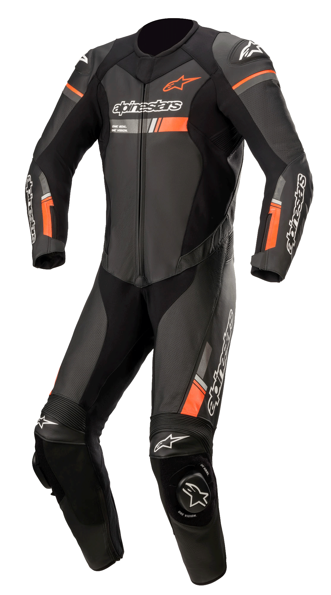 Alpinestars GP Force Chaser 1-Piece Leather Suit, black and fluorescent red, professional motorcycle racing suit.