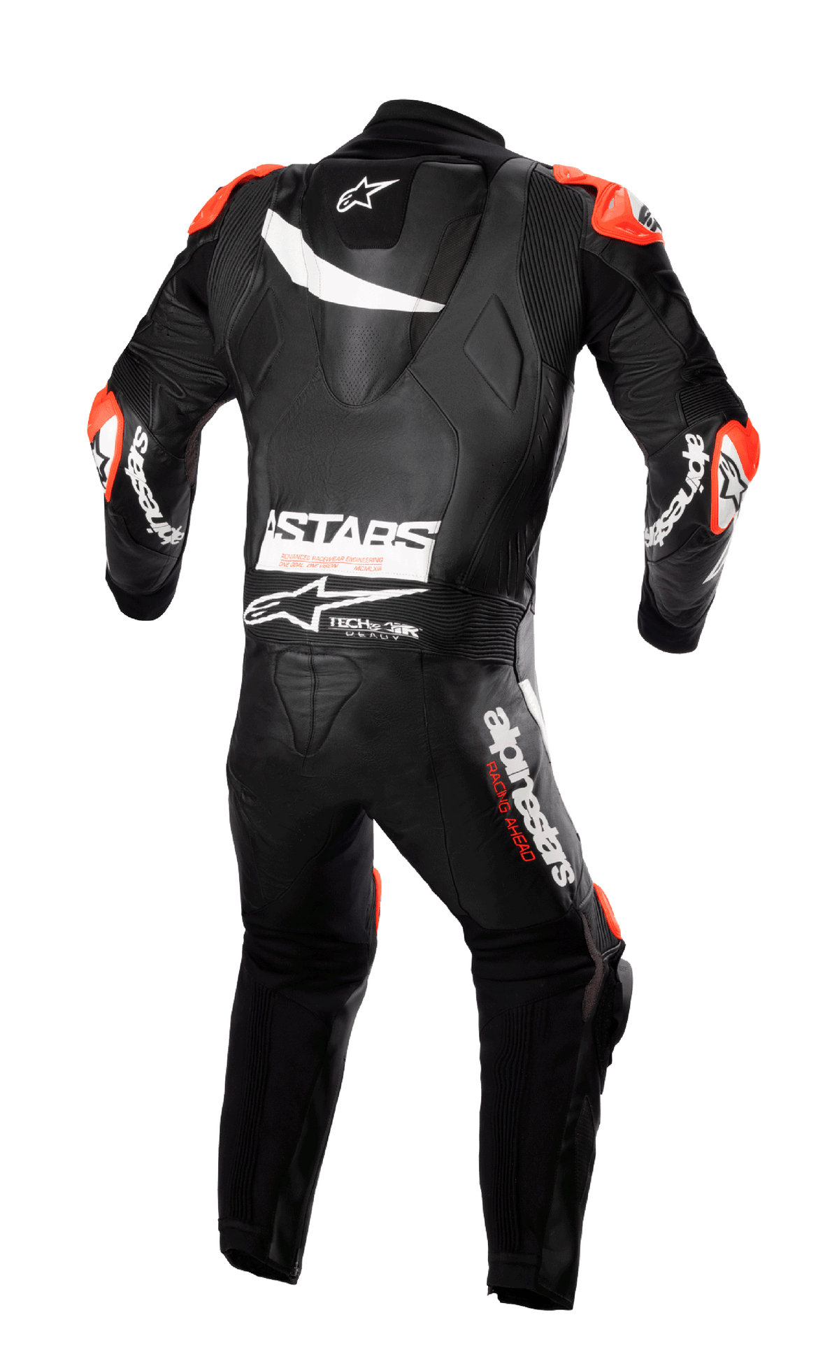 Alpinestars GP Plus V4 One Piece Leather Suit, Tech-Air Ready motorcycle racing suit, black and red leather, back view.