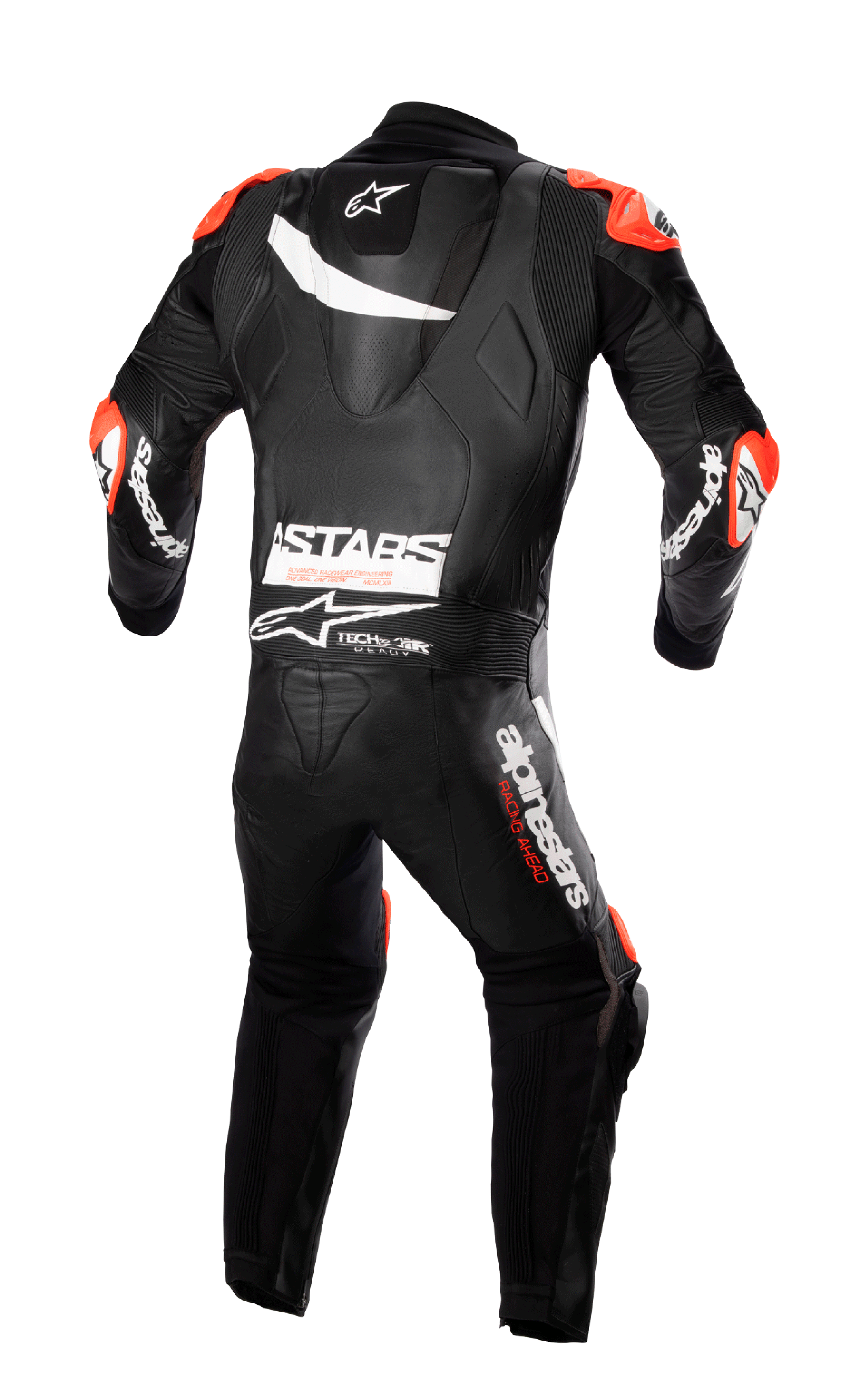 Alpinestars GP Plus V4 One Piece Leather Suit, Tech-Air Ready motorcycle racing suit, black and red leather, back view.