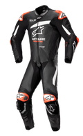 Alpinestars GP Plus V4 One Piece Leather Suit in black and white with red accents, Tech-Air Ready motorcycle racing suit.
