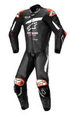 Alpinestars GP Plus V4 One Piece Leather Suit in black and white with red accents, Tech-Air Ready motorcycle racing suit.