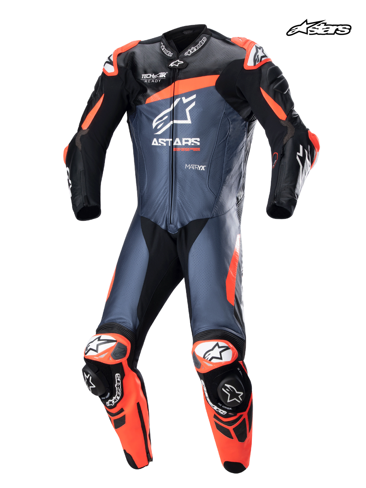 Alpinestars GP Plus V4 One Piece Leather Suit, motorcycle racing suit in black, red fluo, and dark blue, featuring Tech-Air ready design, DFS sliders, and race leather construction, front studio view
