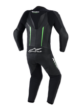 Alpinestars GP Force V2 Leather Suit - 1Piece, Back view, Black with fluorescent green accents, featuring an aerodynamic speed hump, perforated leather panels, accordion stretch zones, and Tech-Air Ready branding, professional motorcycle racing gear