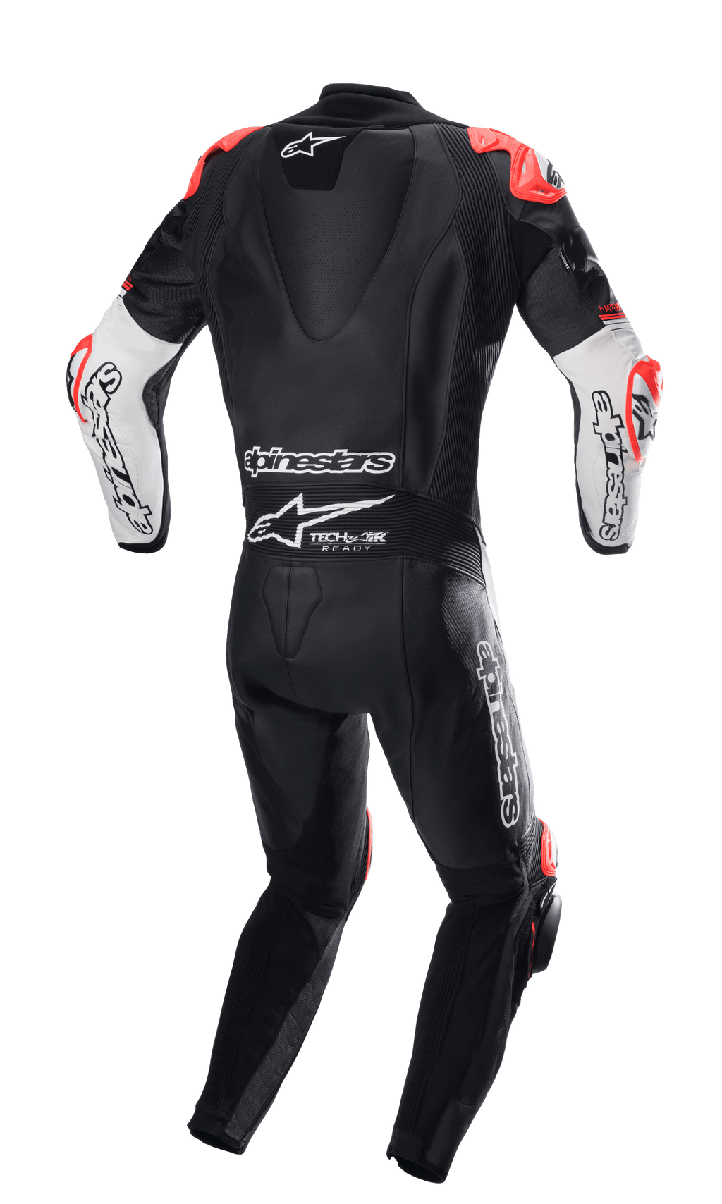 Alpinestars GP Tech V4 Leather Suit, rear view of one-piece motorcycle racing suit in black with white and red accents, featuring aerodynamic back hump, Alpinestars branding, and Tech-Air Ready logo.