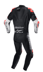Alpinestars GP Tech V4 Leather Suit, rear view of one-piece motorcycle racing suit in black with white and red accents, featuring aerodynamic back hump, Alpinestars branding, and Tech-Air Ready logo.