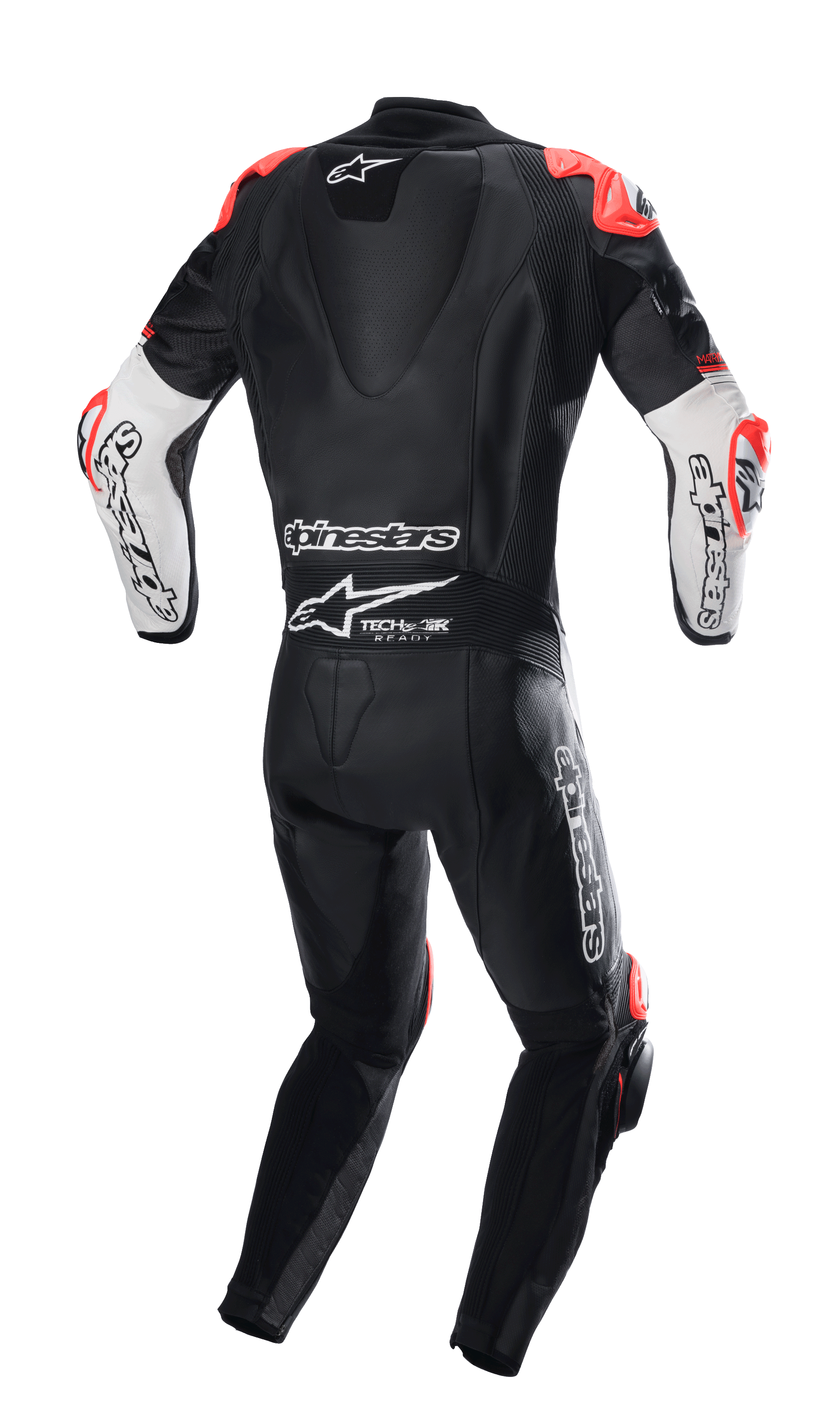 Alpinestars GP Tech V4 Leather Suit, rear view of one-piece motorcycle racing suit in black with white and red accents, featuring aerodynamic back hump, Alpinestars branding, and Tech-Air Ready logo.