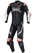 Alpinestars GP Tech V4 Leather Suit, Professional One-Piece Motorcycle Racing Suit, Black with White and Fluorescent Red accents, featuring aerodynamic back hump, knee sliders, and MATRYX ventilation panels, designed for high-performance track use