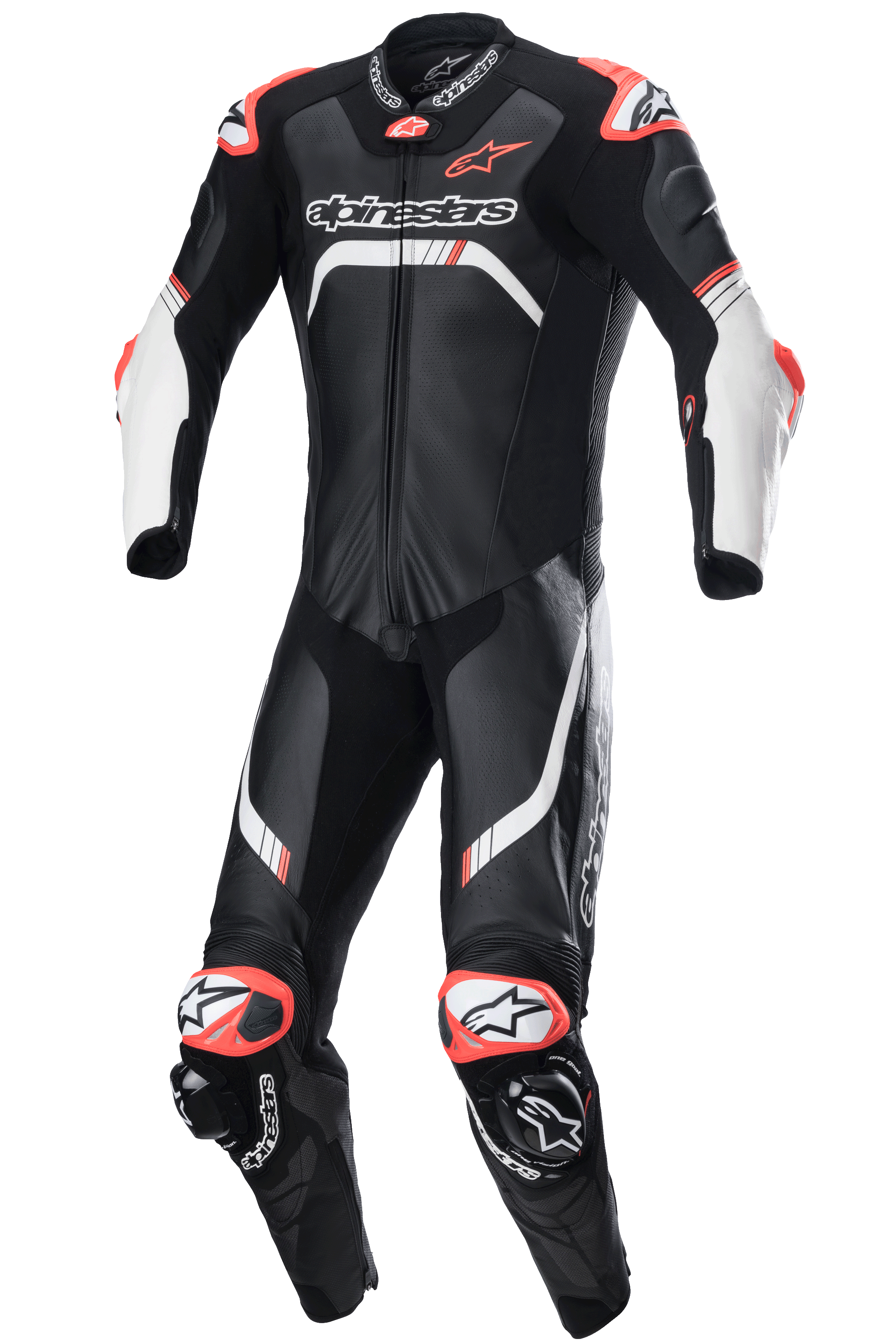 Alpinestars GP Tech V4 Leather Suit, Professional One-Piece Motorcycle Racing Suit, Black with White and Fluorescent Red accents, featuring aerodynamic back hump, knee sliders, and MATRYX ventilation panels, designed for high-performance track use